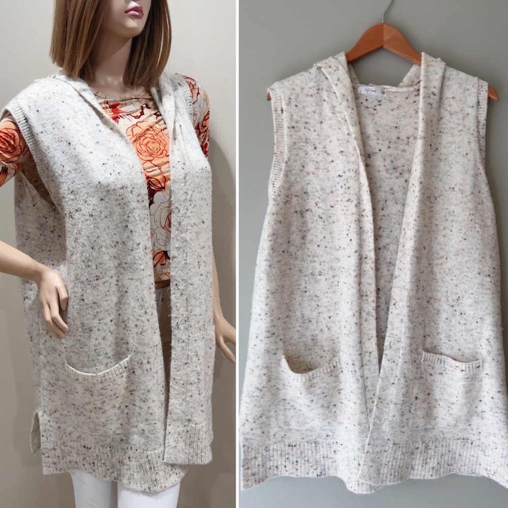 Peyton Primrose Anthropology Womens Beige Multi Tweed Hooded Cardigan Sweater L